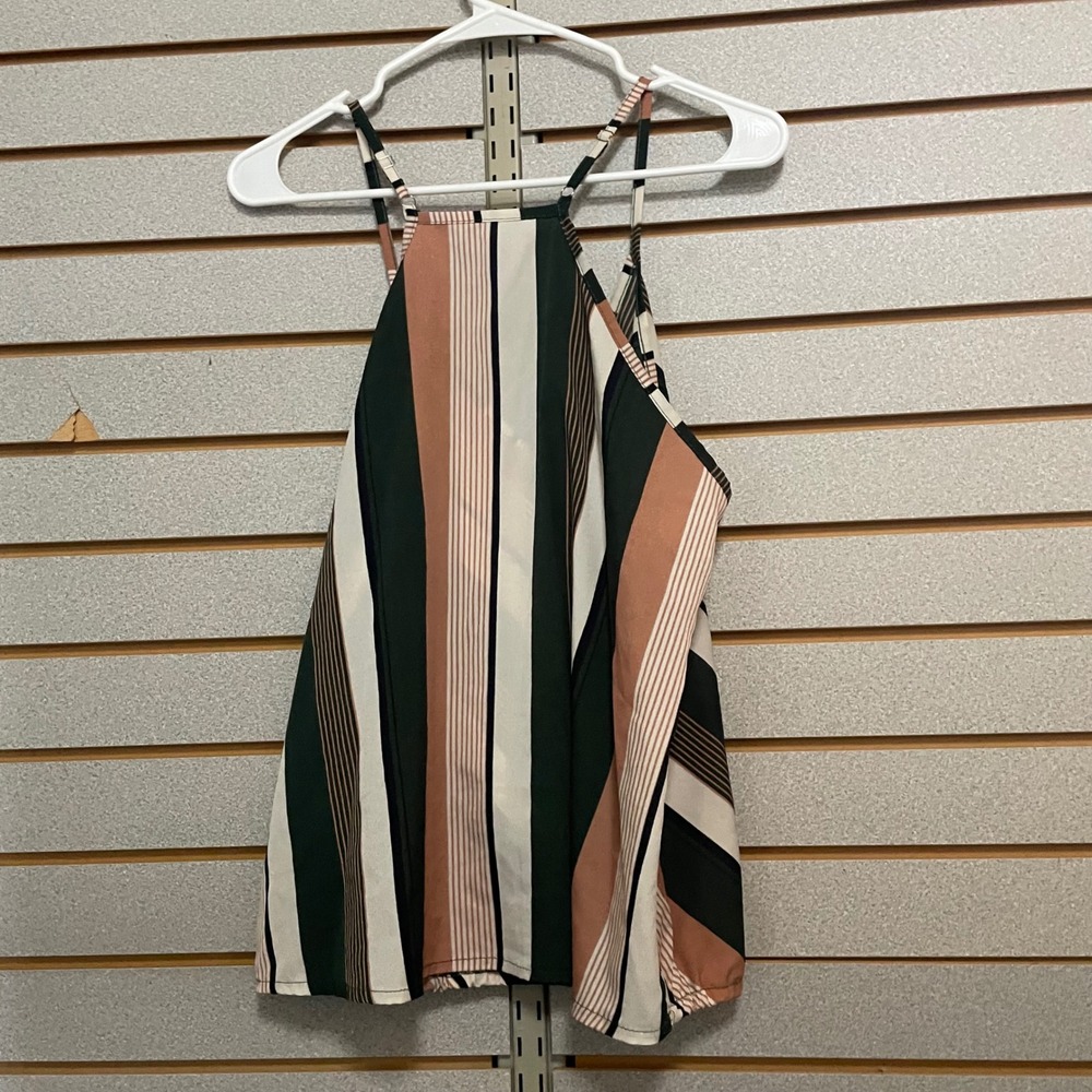 Womens XL Striped Wrap V Neck Cami Tank Top Green Peach White - Picture 4 of 5
